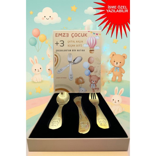 Paslanmaz Çelik Kutulu Titanyum Kaplama  Çocuk Çatal Kaşık Bıçak Seti  Ayıcık  Desenli