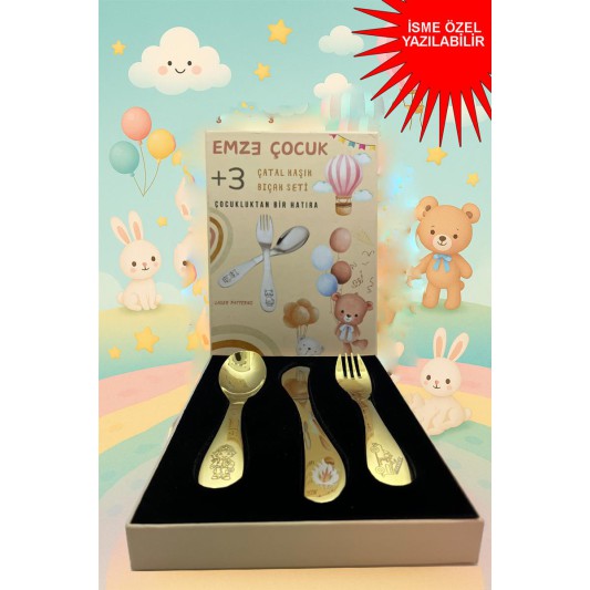 Paslanmaz Çelik Kutulu Titanyum Kaplama  Çocuk Çatal Kaşık Bıçak Seti  İtfaiye  Desenli