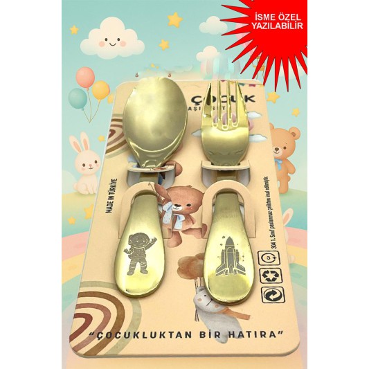  Paslanmaz Çelik Çocuk Çatal Kaşık Seti  Titanyum Kaplama Astronot  Desenli