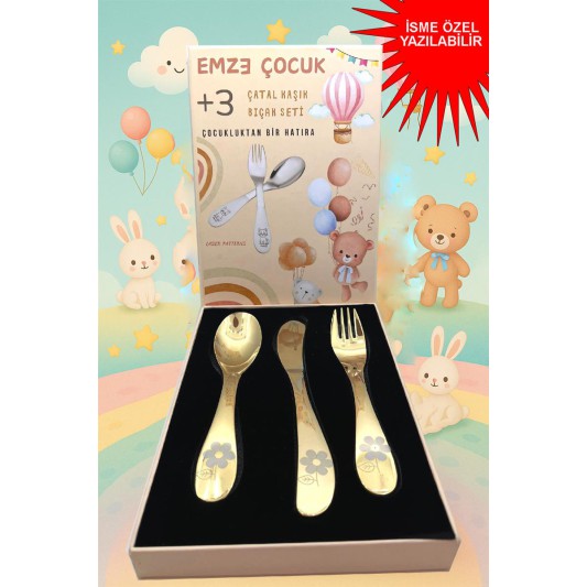 Paslanmaz Çelik Kutulu Titanyum Kaplama  Çocuk Çatal Kaşık Bıçak Seti  Çiçek  Desenli