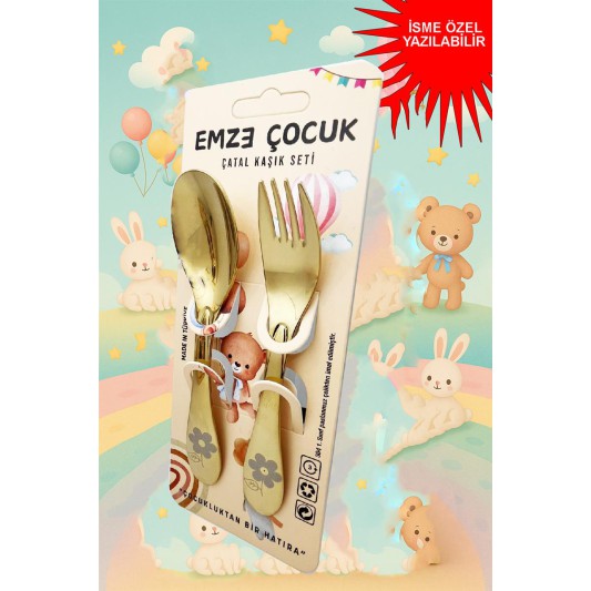Paslanmaz Çelik Çocuk Çatal Kaşık Seti  Titanyum Kaplama Çiçek  Desenli