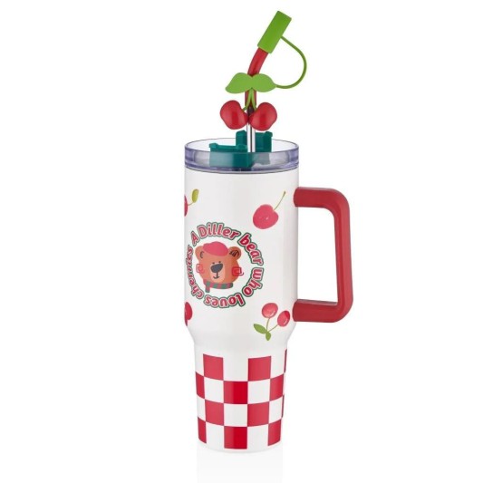 Dıller Kulplu Çelik Termos Kiraz Desen 1200 ml