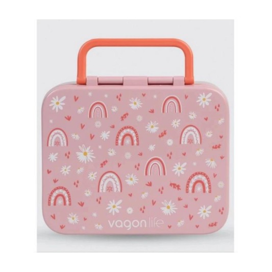 Bento 1000ml Lunchbox 3 Bölmeli Çocuk Sefer Tası Yemek Kutusu Pembe Gökkuşağı VGN-092