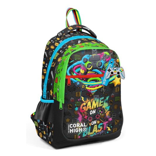Coral High Siyah Gamer Desenli Üç Bölmeli Okul Sırt Çantası 33258