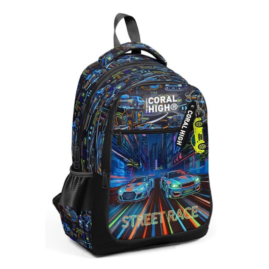 Coral High Renkli Yarış Arabası Desenli Üç Bölmeli Okul Sırt Çantası 33259