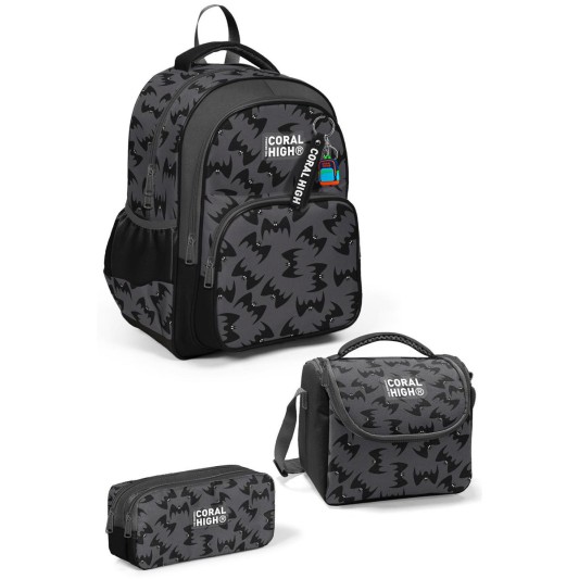 Coral High Kids Gri Siyah Yarasa Desenli 3\'lü Okul Çanta Seti 33244