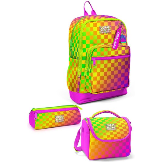 Coral High Neon Renkli Dama Desenli 3’lü Okul Çanta Seti 33203