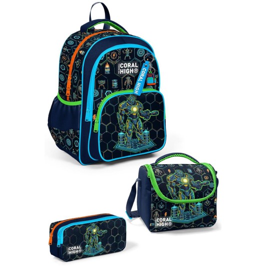Coral High Lacivert Robot Desenli 3\'lü Okul Çanta Seti 33246