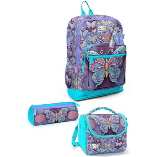 Coral High Pastel Renkli Kelebek Desenli Desenli 3’lü Okul Çanta Seti 33206