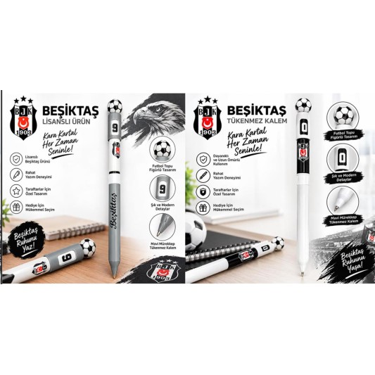 Beşiktaş Lisanslı Dönen Başlıklı Top Figürlü Jel Kalem
